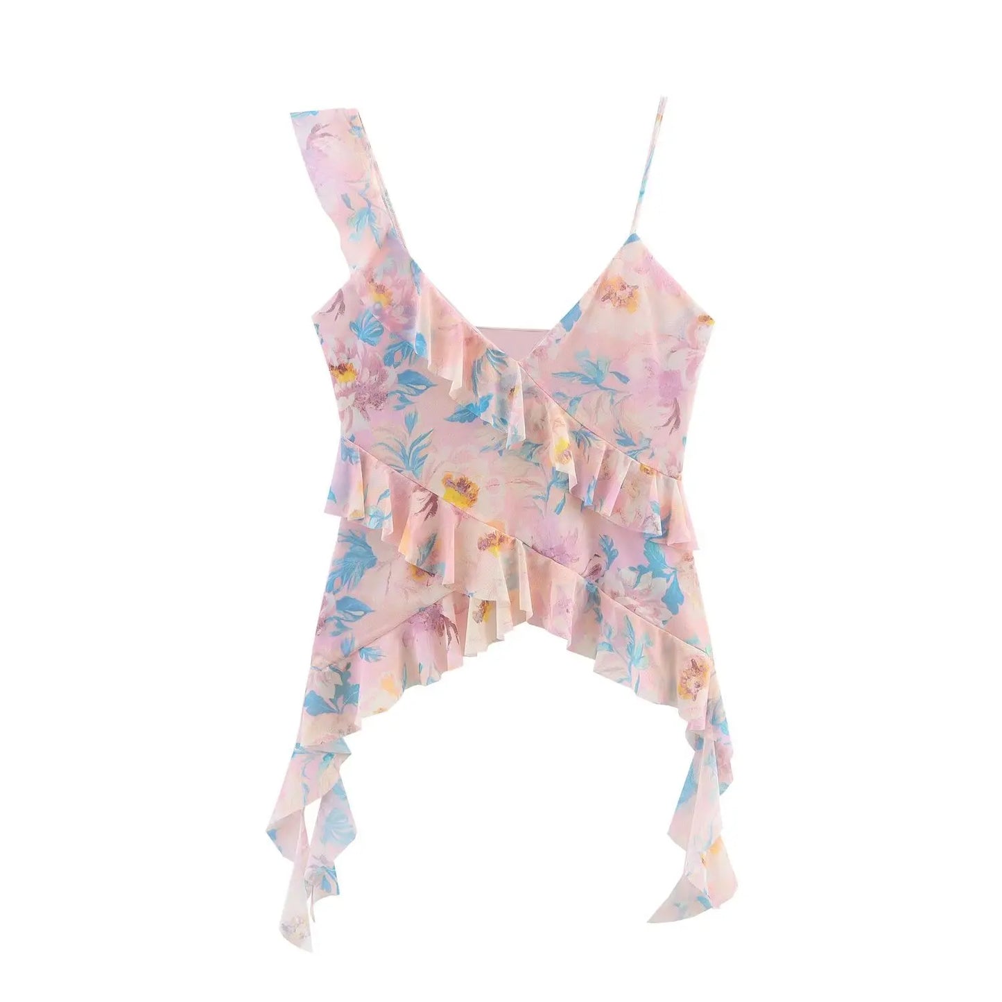 Boho Mesh Floral Printed Tank Top Women Camis Ruffles Sleeveless Sexy Deep V Neck Knitted Camis Strap Blouse Summer Mesh Tops