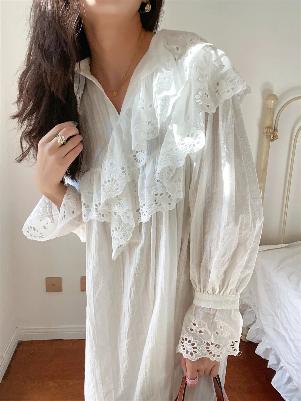 Flare Long Sleeve Ruffles Dress For Women Robe Cotton White Floral Embroidery Lace Dresses Oversize Casual  Autumn Boho Vestidos