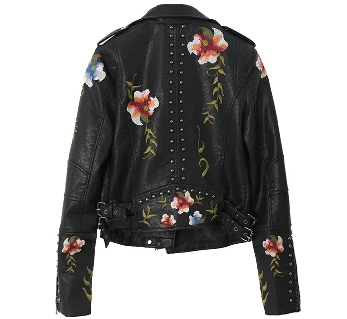 AYUALIN Long Sleeve Boho Leather Jacket Women Coat Floral Embroidery Vintage Rivet Zipper Spring Autumn Black Biker Moto Jackets