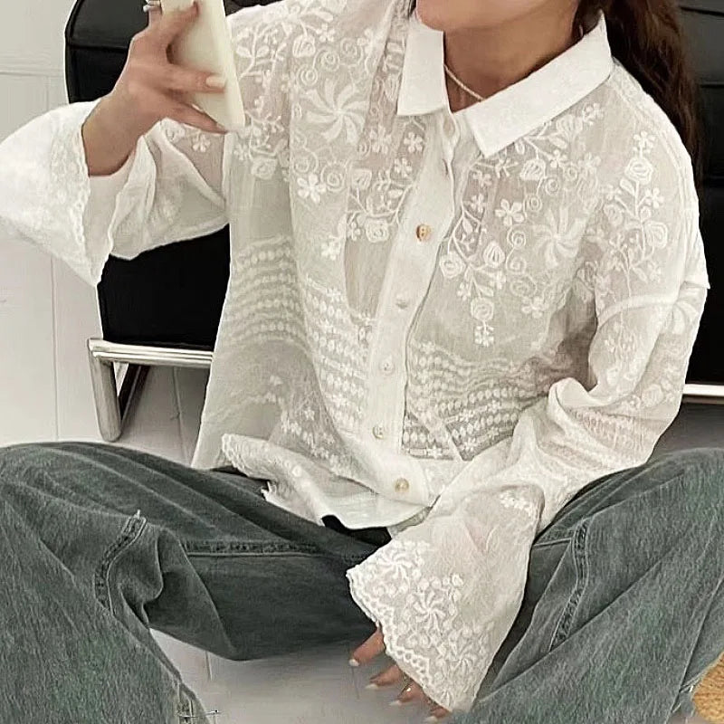 Long Sleeve Casual Boho Beach Wear Blouse White Cotton Embroidery Lace Blouses Shirts For Women Top Vintage Spring Summer Blusas