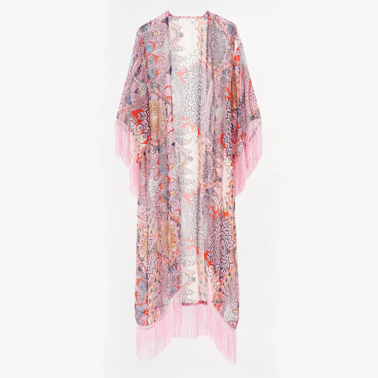 AYUALIN Boho Cover up Long Blouse Shirt Chiffon Floral Printed Kimono Kaftan Vestidos Beach Fringe Cover-Ups Robe for Women Tops