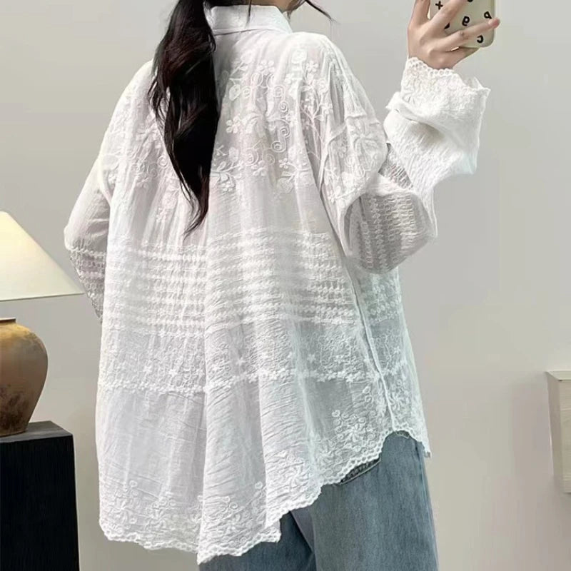 Long Sleeve Casual Boho Beach Wear Blouse White Cotton Embroidery Lace Blouses Shirts For Women Top Vintage Spring Summer Blusas