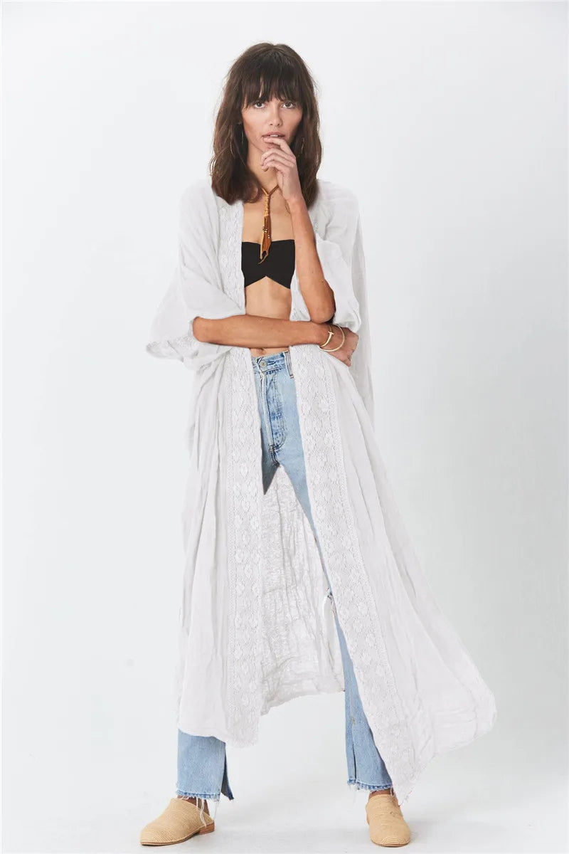 Cotton Rayon Boho Beach Wear Bikini Swim Cover Up Women Kimono Robe Summer Vintage dress Boho Splice lace Loose Long Blouse