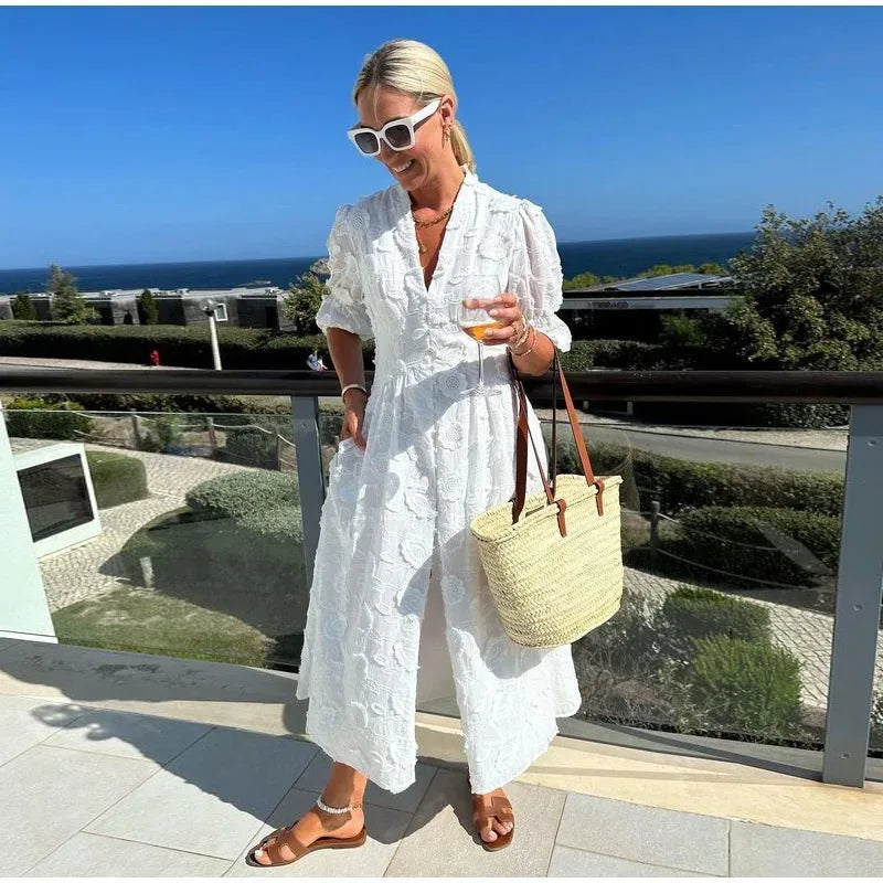 Vintage Women Dresses 3D Flower Embroidery Boho Beach Holiday Long Dress Puff Sleeve Robe Casual Elegant Summer Spring Vestidos
