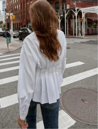 Long-sleeved Women Blouse Shirt  with A Fitted Waist and Pleated Design White 100% Cotton Casual Office Blouses Shirts Lady Tops