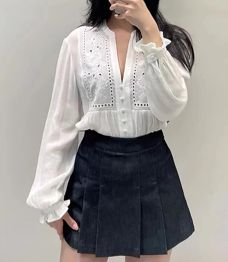 Floral Embroidery Cotton Blouses Shirts for Women Tops Casual Lantern Long Sleeve Boho Beach Blouse Shirt Spring Autumn Blusas
