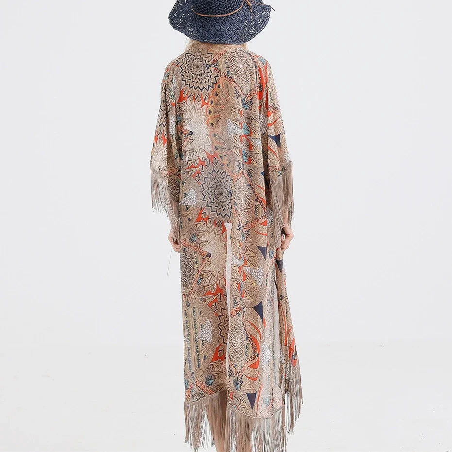 AYUALIN Boho Cover up Long Blouse Shirt Chiffon Floral Printed Kimono Kaftan Vestidos Beach Fringe Cover-Ups Robe for Women Tops