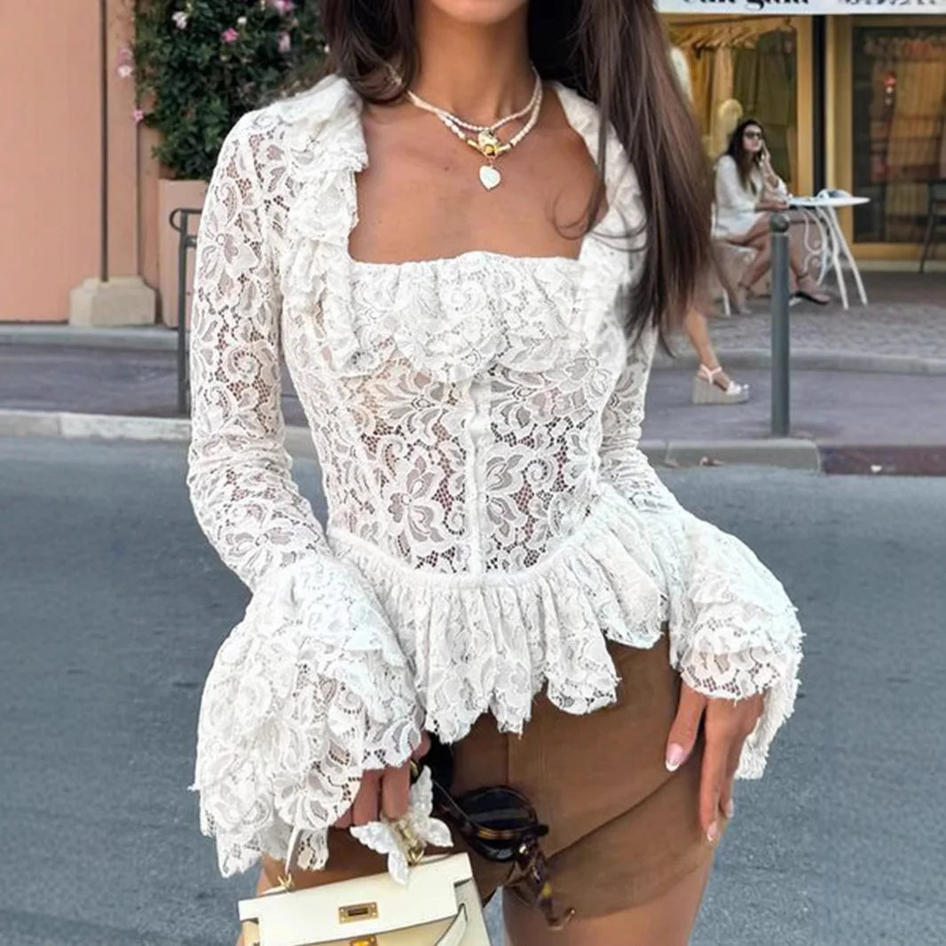 White Lace Flare Long Sleeve  Blouses Shirts Women Ruffles Elegant Vintage Autumn Square Neck Blouse Shirt Slim Ladies Blusas