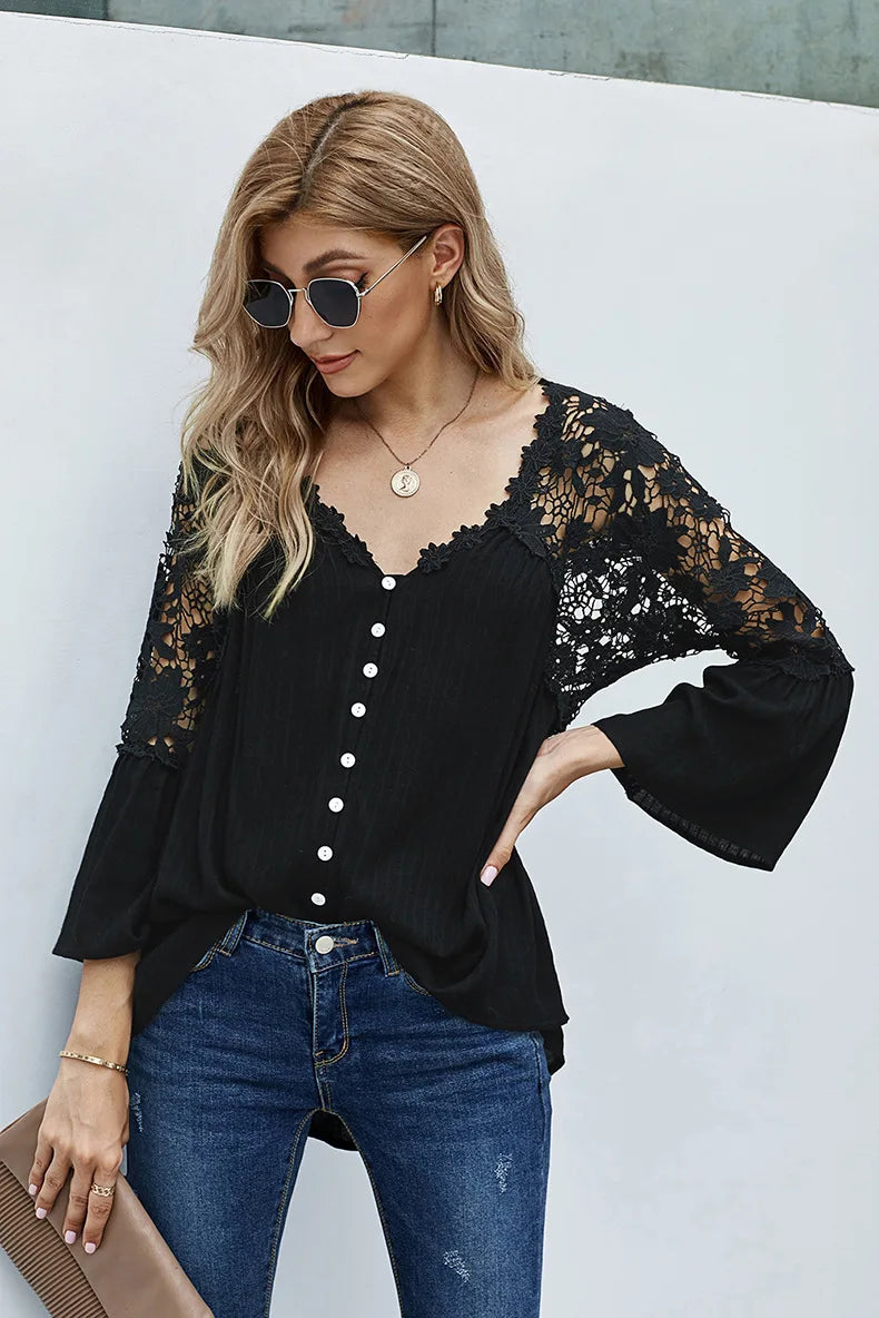 AYUALIN Hollow Out White Lace Blouses Shirt For Women Top Vintage V Neck Flare Sleeve Summer Blouse Ladies Boho Blusas boho
