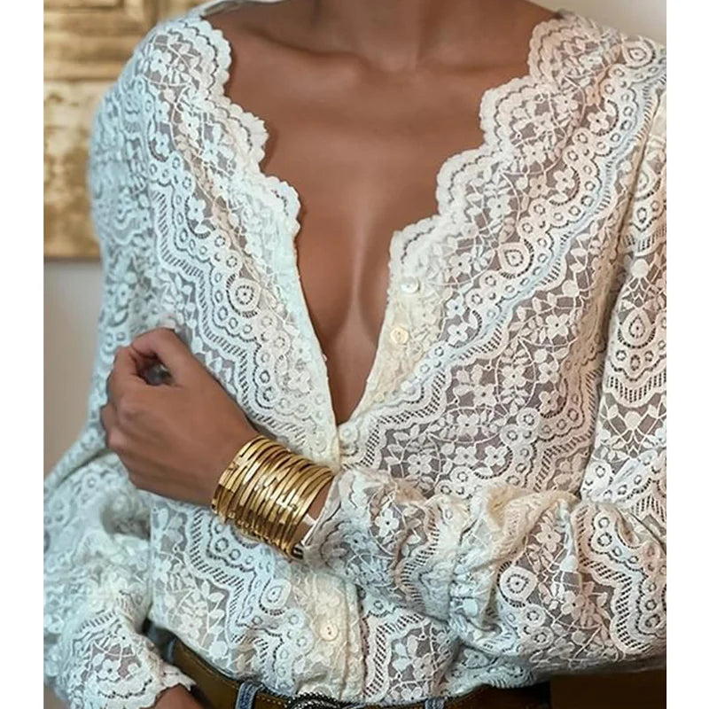 Elegant White Floral Lace Blouses Shirts For Women Boho Long Sleeve Sexy V Neck Vintage Ladies Tops Casual Blouse Shirt Blusas