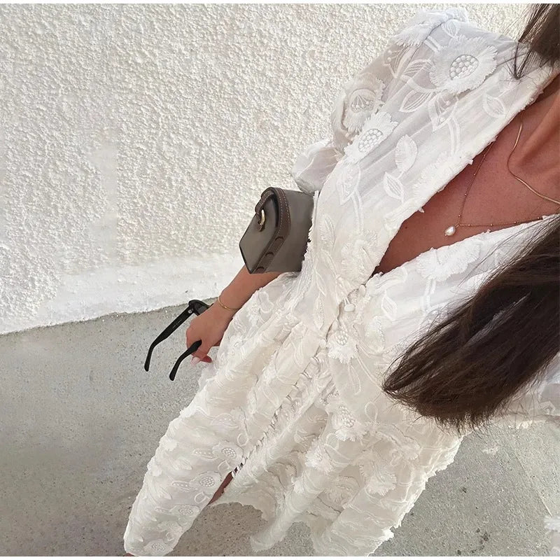 Vintage Women Dresses 3D Flower Embroidery Boho Beach Holiday Long Dress Puff Sleeve Robe Casual Elegant Summer Spring Vestidos