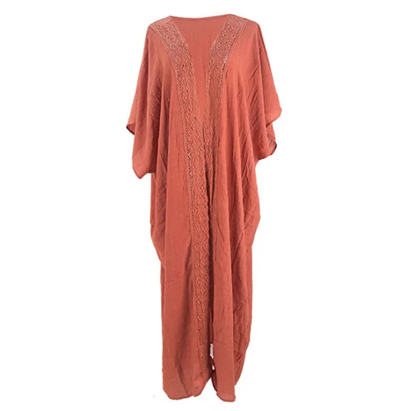 Cotton Rayon Boho Beach Wear Bikini Swim Cover Up Women Kimono Robe Summer Vintage dress Boho Splice lace Loose Long Blouse