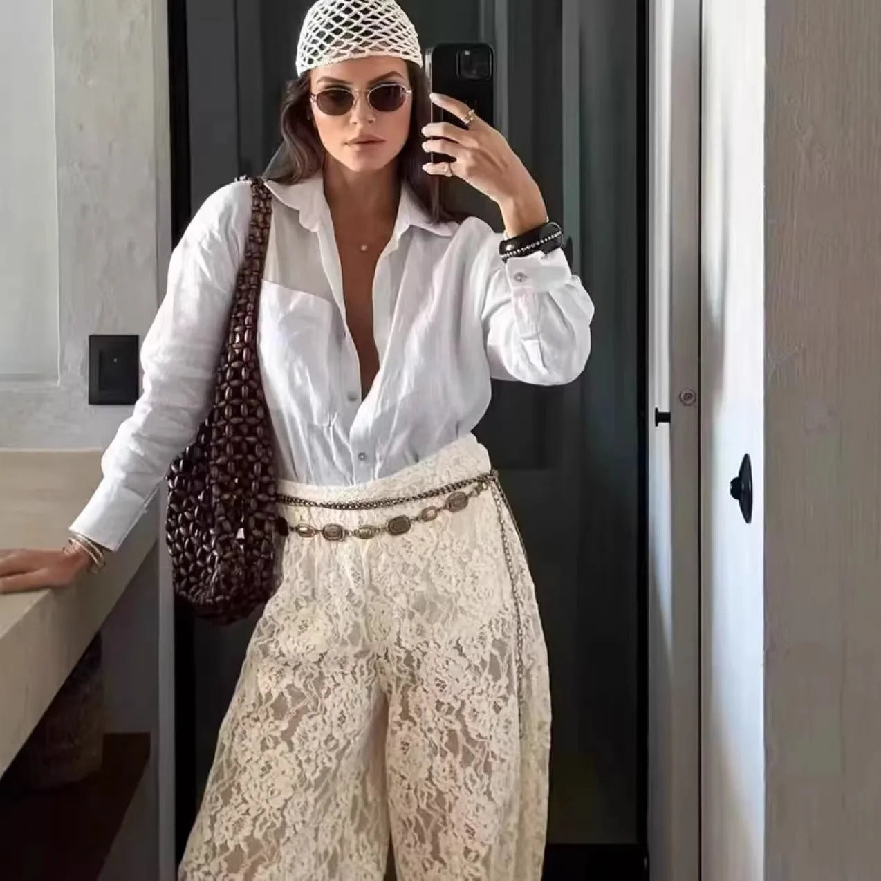 Lace Bloomers Pants for Women Casual Loose Elastic Waist Trousers Spring Summer Long Pants Boho Beach Creamy-white Baggy Pants