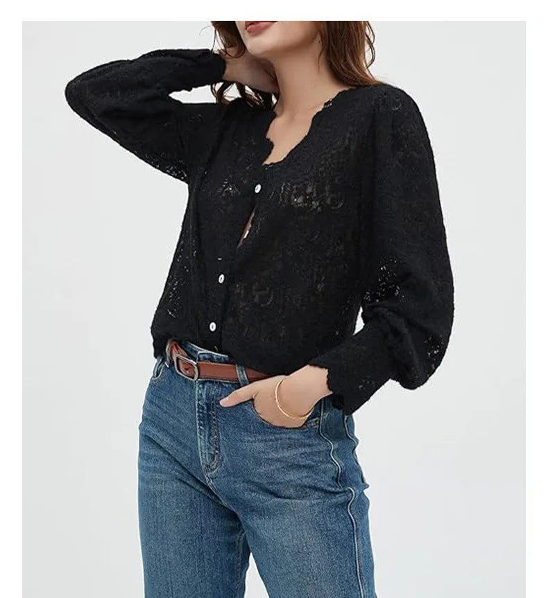Elegant White Floral Lace Blouses Shirts For Women Boho Long Sleeve Sexy V Neck Vintage Ladies Tops Casual Blouse Shirt Blusas