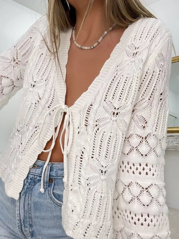 White Hollow Out Lace Upknitted Sweaters For Women Blouses shirts Long Sleeve Autumn Boho Beach Blusas Ladies Tops Cardigan Top