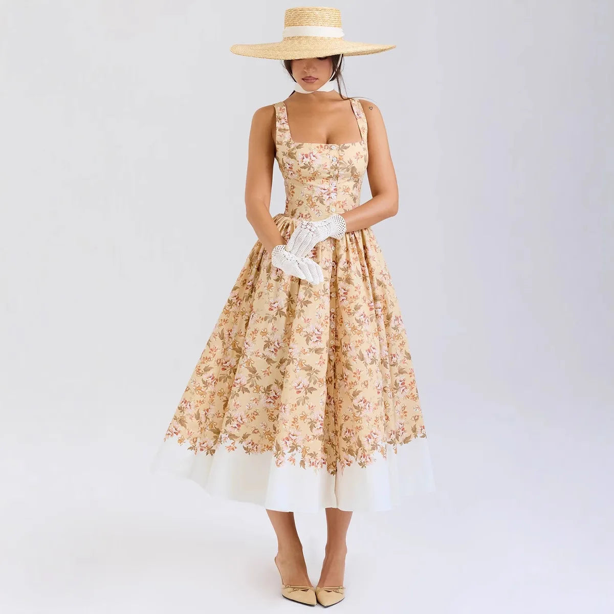 U shape Neck Sleeveless Dress Summer Elegant Party  Bohemia Cotton Floral Printed Strap Women Dresses Vintage Ladies Vestidos
