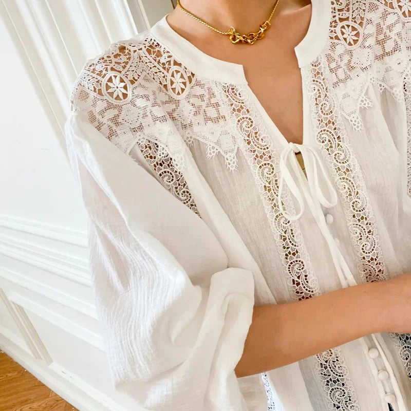 AYUALIN Vintage Top Oversize Lantern Long Sleeve Blouse Cotton White Lace Blouses Shirt Women Boho Beach Loose Ladies Blusas