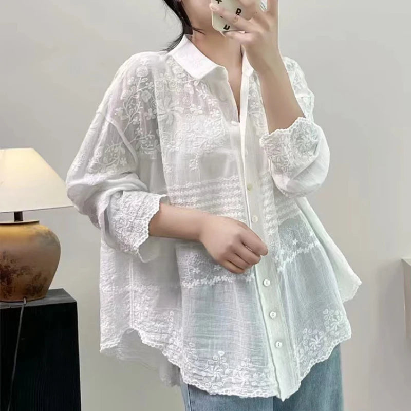 Long Sleeve Casual Boho Beach Wear Blouse White Cotton Embroidery Lace Blouses Shirts For Women Top Vintage Spring Summer Blusas