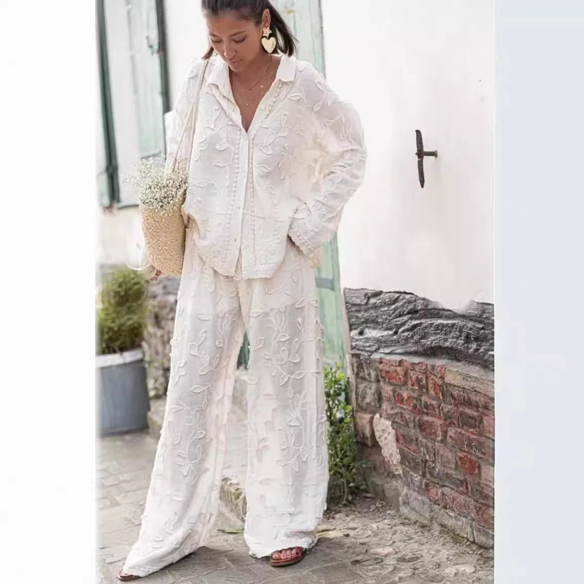 Boho Long Sleeved Blouse Shirt Wide Leg Pants Lace Women Suit White Cotton Foral Jacquard 2 pieces Set Lazy Loose Casual Outfits