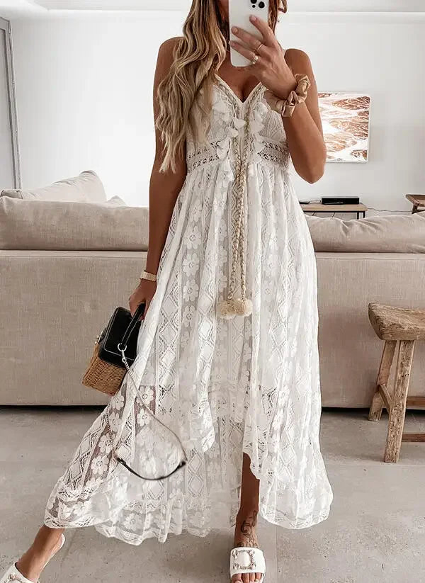 AYUALIN Sexy Sleeveless Backless Irregular Strap Dress Women Robe Vintage Tassel Boho Beach Vestidos Floral Lace Summer Dresses