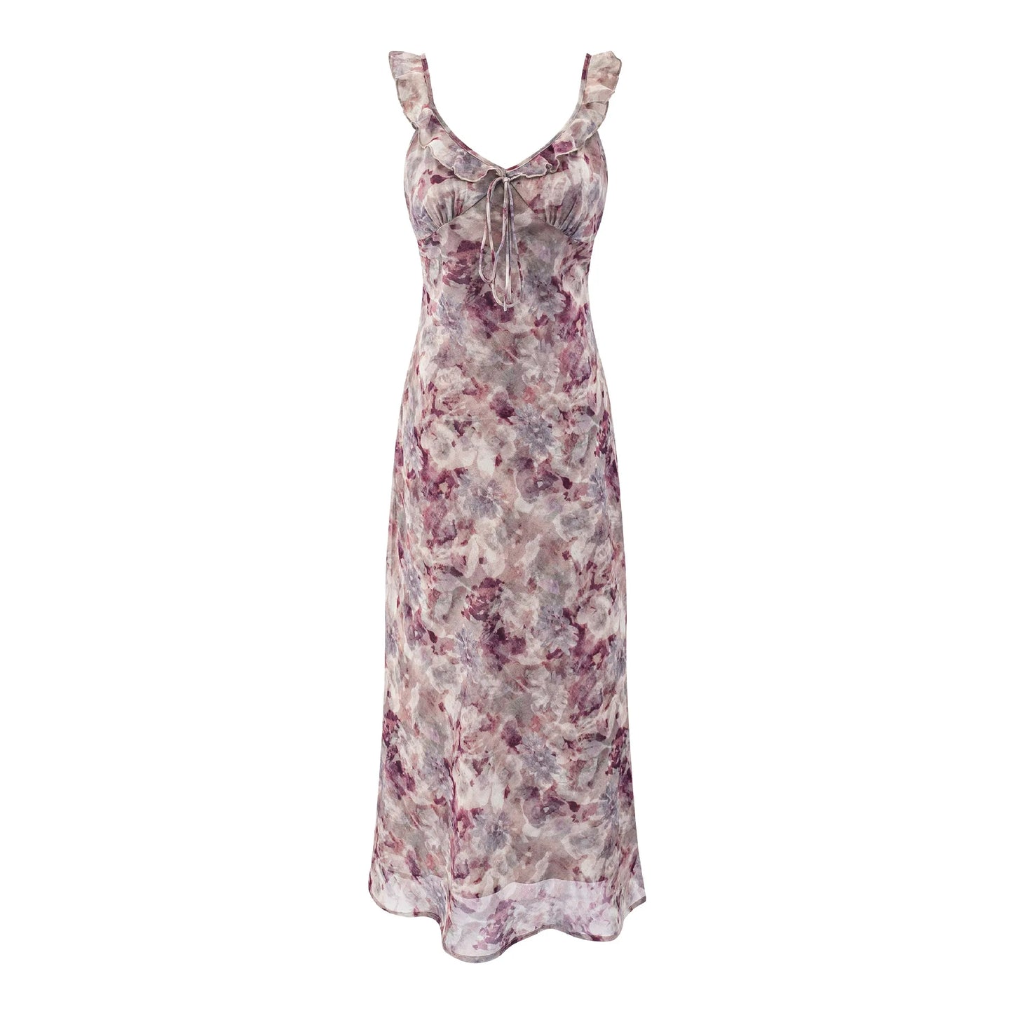 Chiffon Floral Print Long Dresses Women Elegant Slim Sweet Summer Dress Sexy Ruffles V-neck Strappy Vestidos Ladies Party Robe
