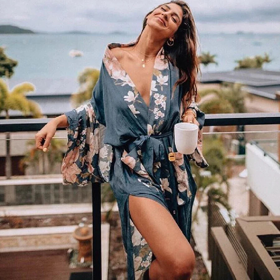 AYUALIN Kaftan Robe Blue Phoenix Floral Print Kimono Cardigan Boho Sexy Side Slits Gypsy Blusa Summer Loose Long Women Blouses