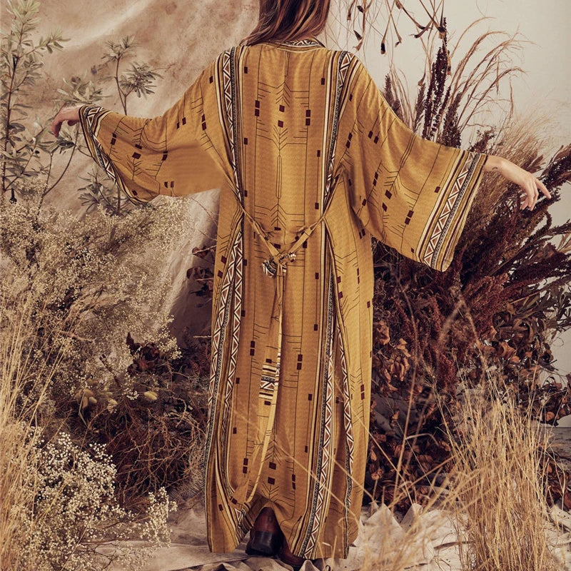AYUALIN Boho Beach Cover Up Cotton Beige Ethnic Print Kimono Cardigan Dress Women Long Sleeve Tunic Blouse Vintage Vestidos Robe