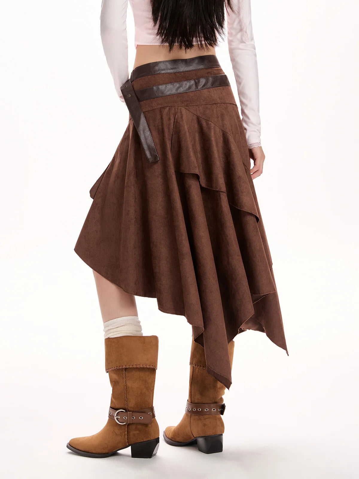 Bohemian Hippie Suede Skirts for Women Vintage Irregular Ruffled Edge Belt Skirt Autumn Winter A-line Boho Beach Leather Faldas