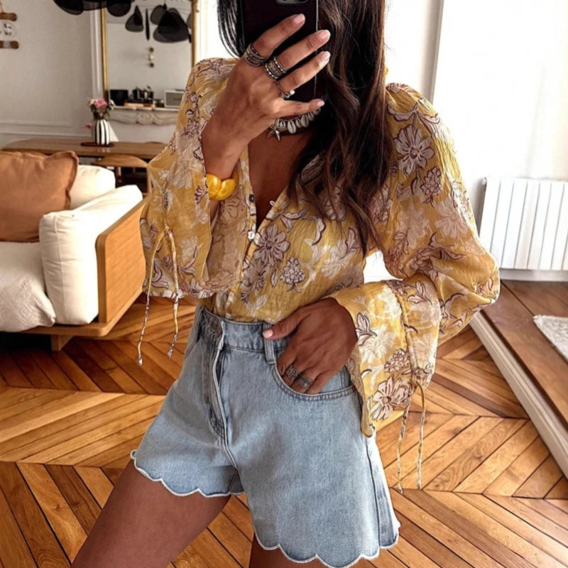 Chic Yellow Floral Printed Blouses Shirts for Women Tops Casual Lace-up Flare Long Sleeves Blouse Summer Boho Beach Loose Blusas