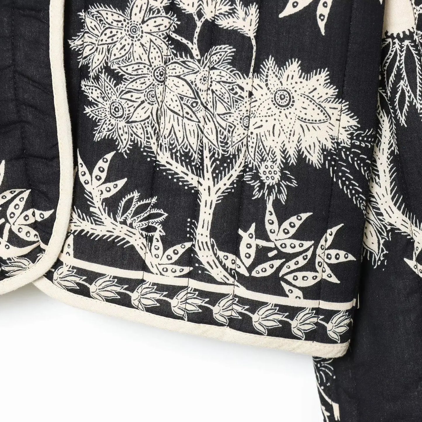Bohemia Cotton Quilted Jacket Women Coat Vintage Black White Floral Print Long Sleeve Coats Spring Autumn Outwear Warm Jackets