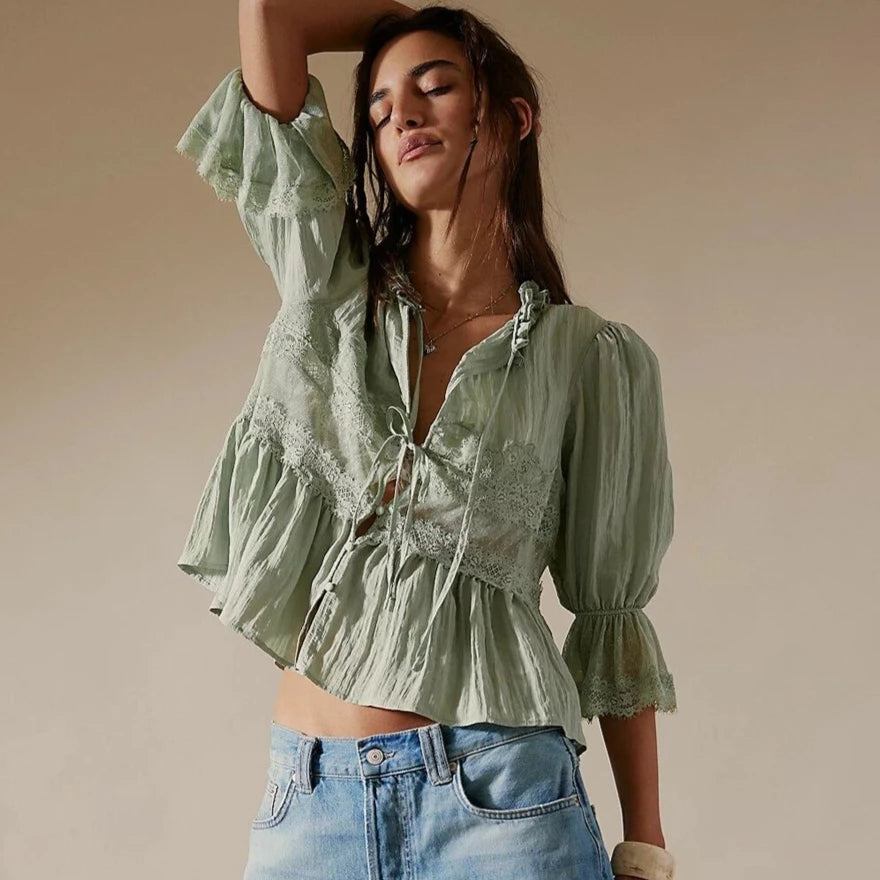 Lace Blouses Shirts for Women Tops Summer Vintage V-Neck Puff Sleeve Loose Fit with Buttons Causal Blouse Cotton Bed Jacket Top