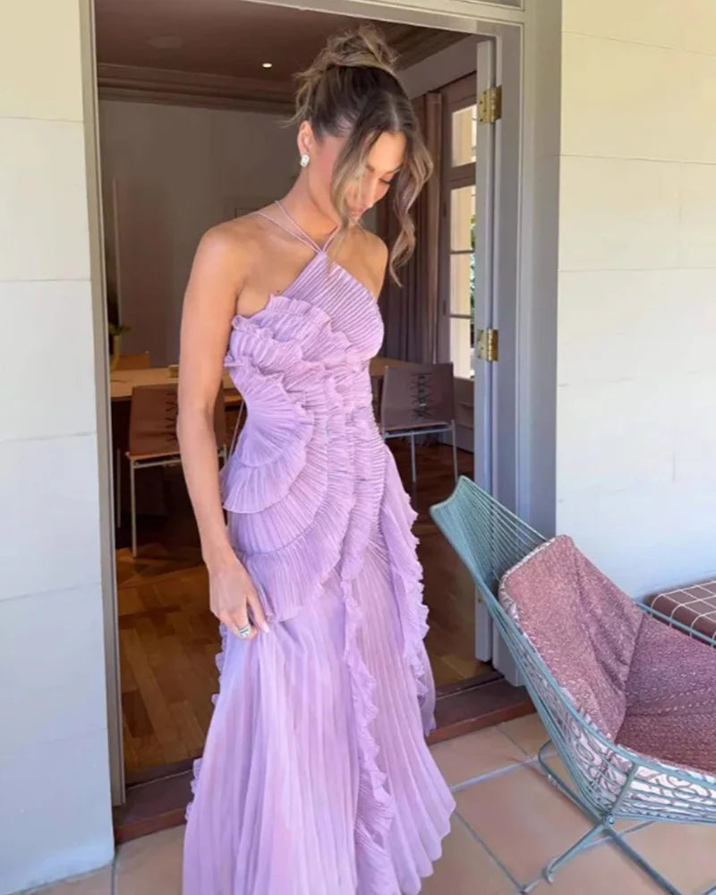 Elegant Chiffon Pleated Party Maxi Dresses Women Summer Neck-mounted Irregular Hem Sleeveless Dress Long Slim Ladies Vestidos
