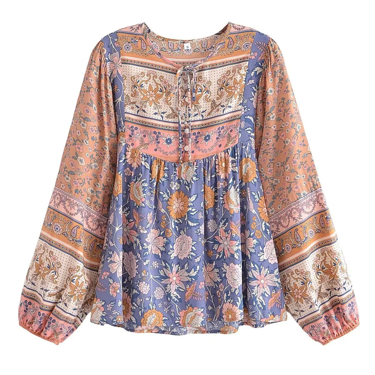 Boho Beach Rayon Floral Printed  Blouse Shirt for Women Tassel V Neck Long-sleeve Loose Gypsy Summer Blouses Shirts Ladies Tops
