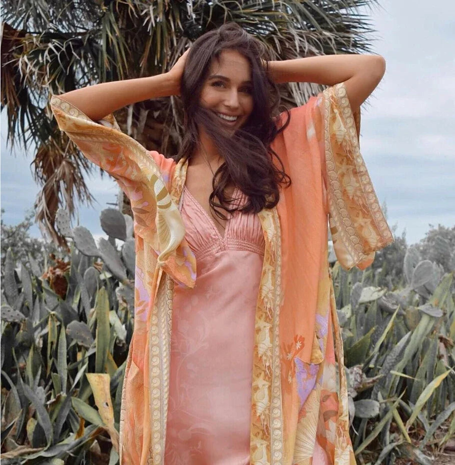 AYUALIN Floral Print Kimono Cardigan Long Blouse Fer Women Swim Cover Up Summer 2025 Boho Kaftan Beach  Femme Blouses Vestidos