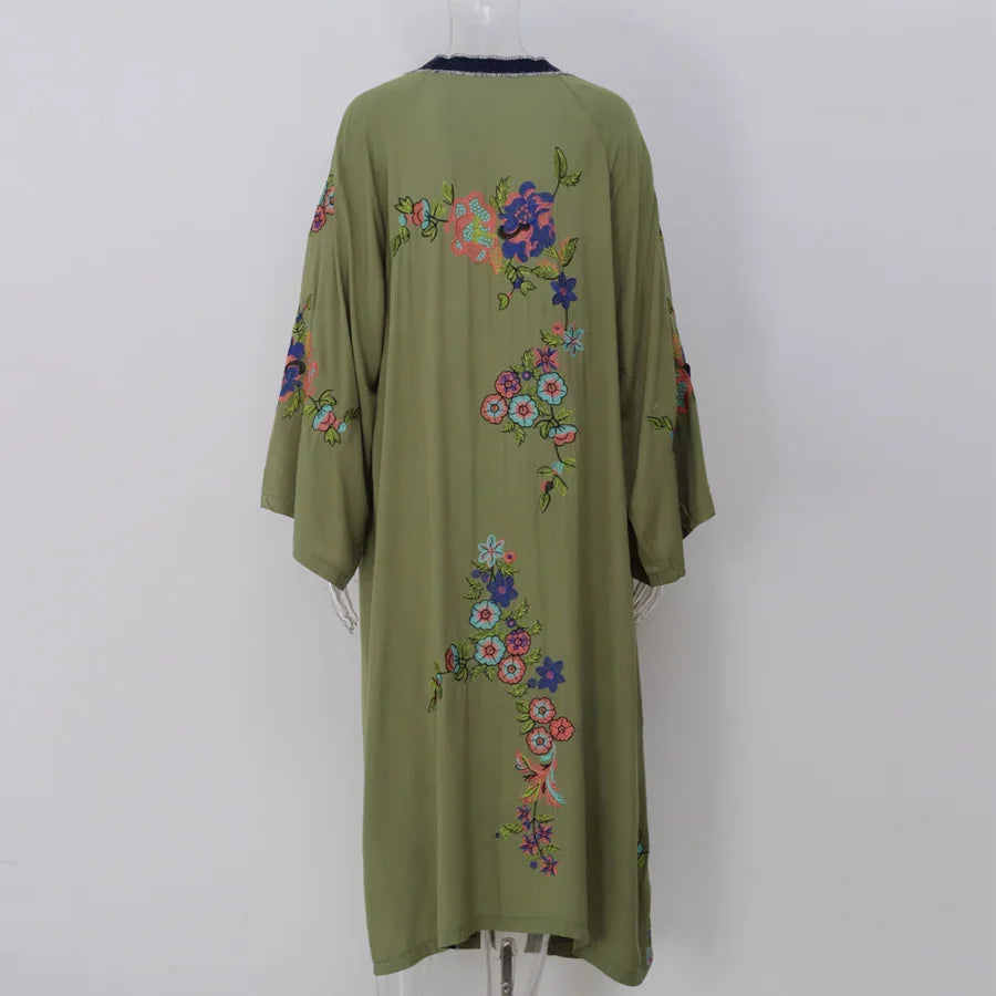 Long Cardigan for Women Kaftan Robe Light Green Cotton Rayon Floral Embroidery Beach Wear Blouse Long Sleeve Loose Boho Vestidos