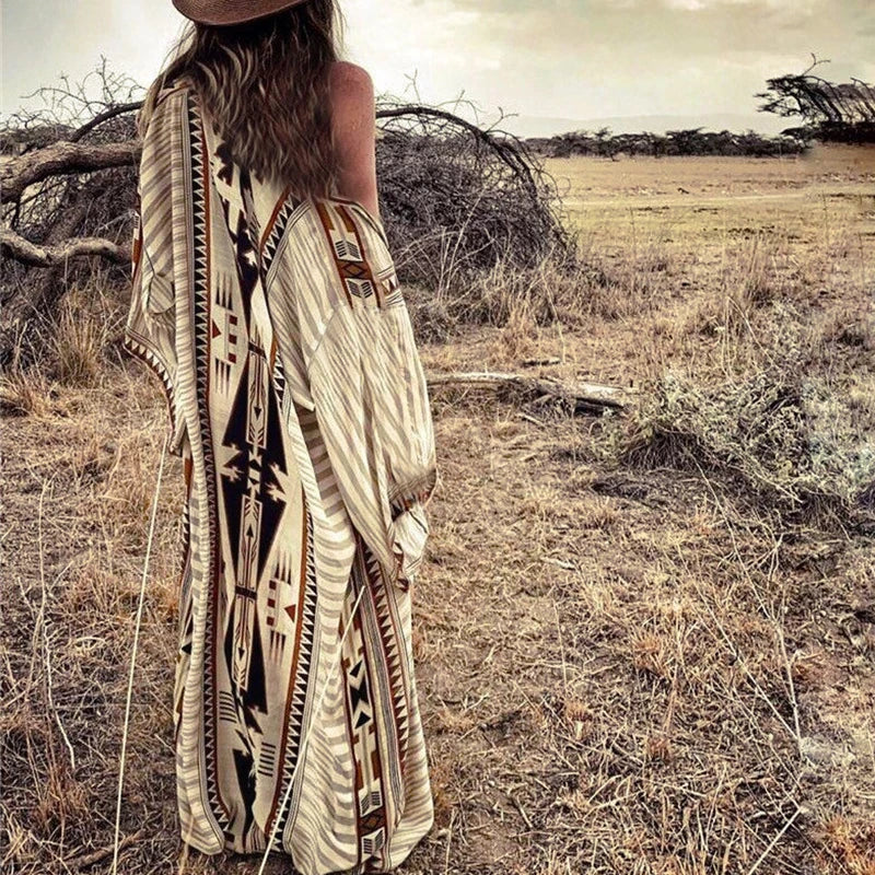 AYUALIN Boho Beach Cover Up Cotton Beige Ethnic Print Kimono Cardigan Dress Women Long Sleeve Tunic Blouse Vintage Vestidos Robe