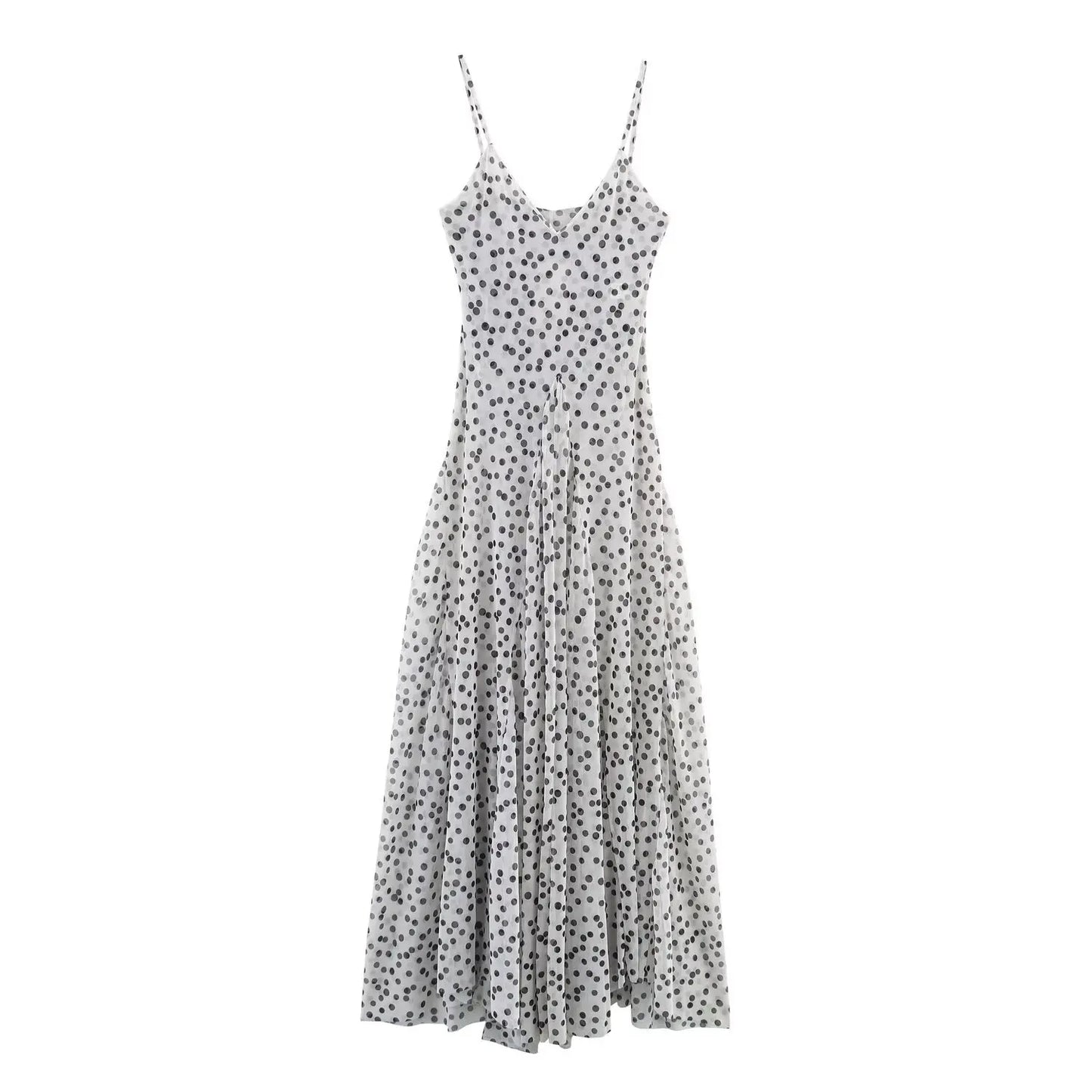 Boho Beach Wear Mesh Polka Dot Printed Maxi Dresses for Woemn Robe Sexy Deep V Neck Long Strap Dress Summer Knitted Vestidos