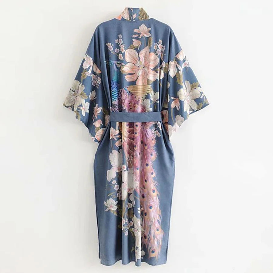AYUALIN Kaftan Robe Blue Phoenix Floral Print Kimono Cardigan Boho Sexy Side Slits Gypsy Blusa Summer Loose Long Women Blouses