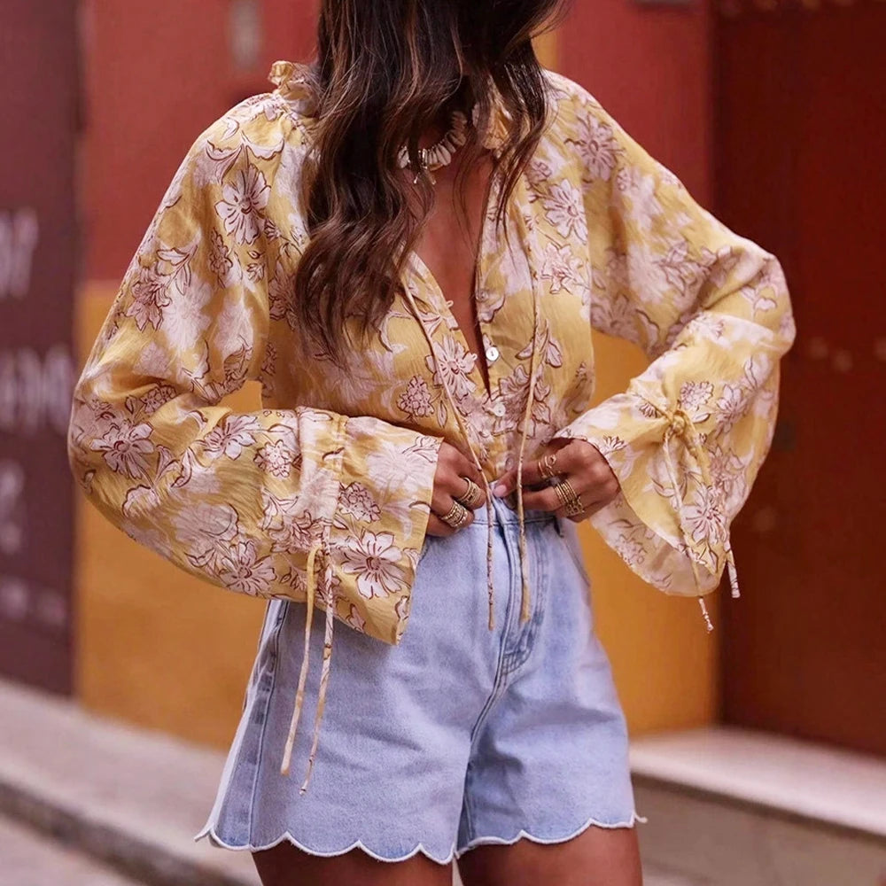 Chic Yellow Floral Printed Blouses Shirts for Women Tops Casual Lace-up Flare Long Sleeves Blouse Summer Boho Beach Loose Blusas