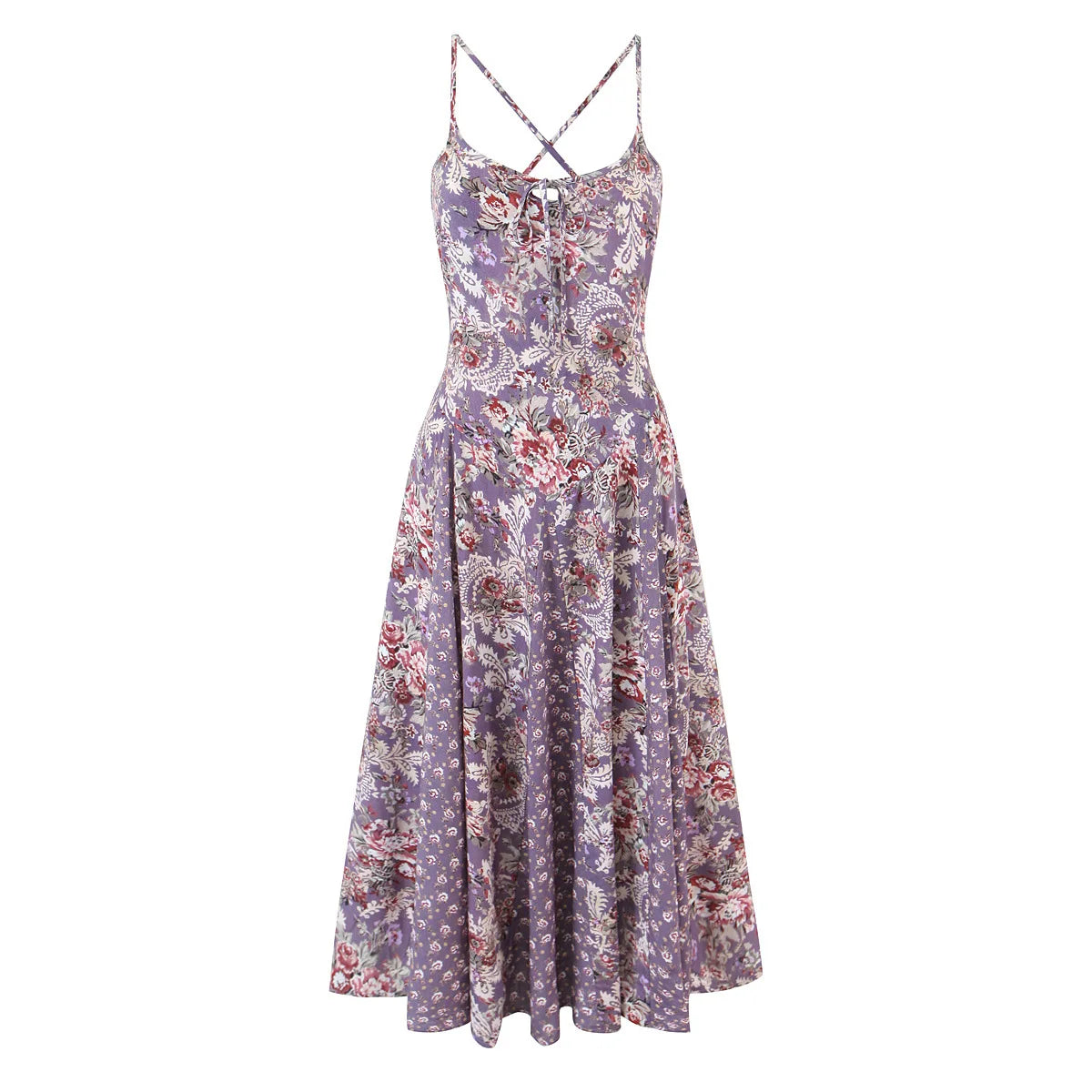 Bohemian Strappy Dresses for Women Summer Cotton Rayon Lavender Floral Printed Sexy Sleeveless Dress Boho Beach Robe Vestidos