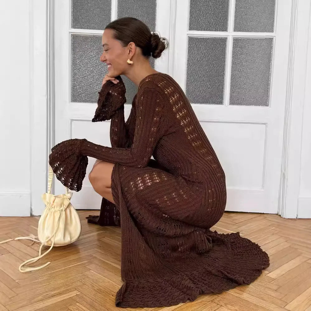 Cotton Knitted Hollow Out Dress Summer Flare Long Sleeve Cardigan Maxi Dresses Women Robe Vintage Slim Fit Boho Beach Vestidos