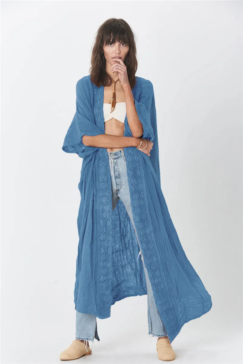Cotton Rayon Boho Beach Wear Bikini Swim Cover Up Women Kimono Robe Summer Vintage dress Boho Splice lace Loose Long Blouse