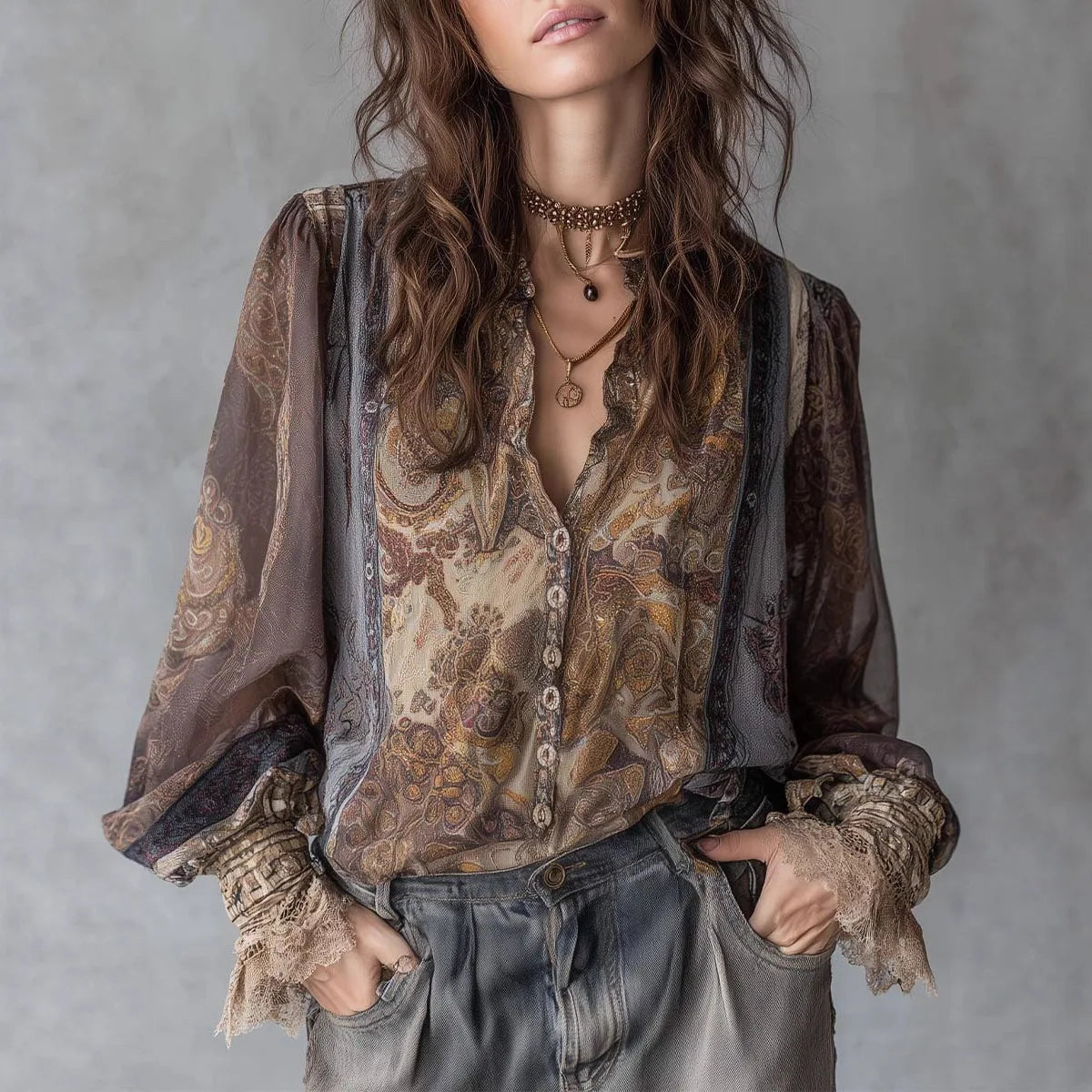 Loose Long Sleeve V Neck Blouses Shirts Women Tops Vintage Chiffon Floral Printed Splice Lace Boho Beach Blouse Ladies Spring