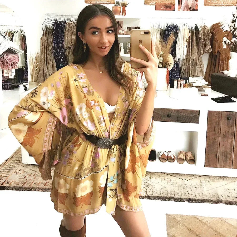 AYUALIN Short Kimono Cardigan Autumn Robe Yellow Floral Print Flare Long Sleeve Gypsy Beach Summer Loose Bohemian Women Blouses