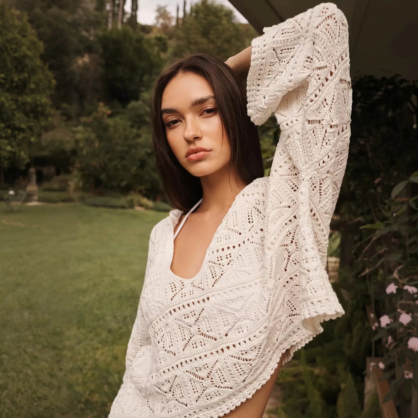 Hollow Out Lace Crochet Cover Up Suit Boho Beach Wear Blouses Pants 2 Pieces Suit for Women Summer Bikini Cover-up Casual Robe