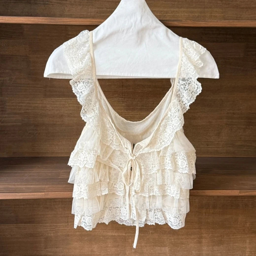 Creamy Lace Ruffled Layered Strappy Top Women Blouses Vintage Sleeveless O Neck Cropped Camisole Boho Beach Sheer Tanks Tops