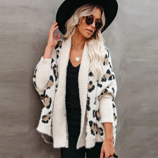 Mohair Oversize Knitted Cardigan Sweaters for Women Vintage Leopard Autumn Winter Coat Boho Outwear Casual Jacket Jumpers