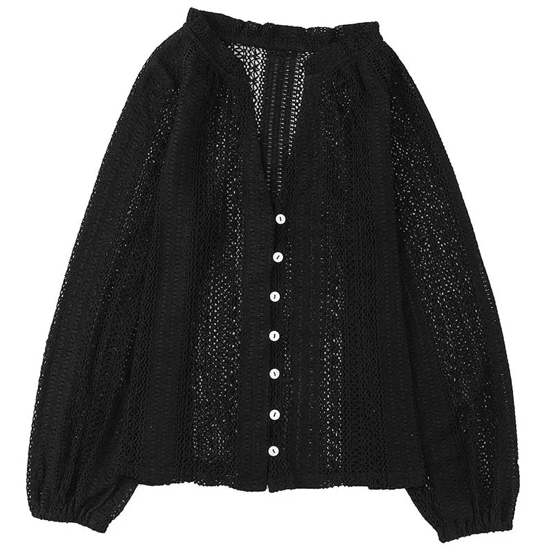 AYUALIN Vintage Long Sleeve Blouses Summer Casual Elegant Ladies Blusas Boho Beach Hollow Out Lace Blouse Shirt for Women Top