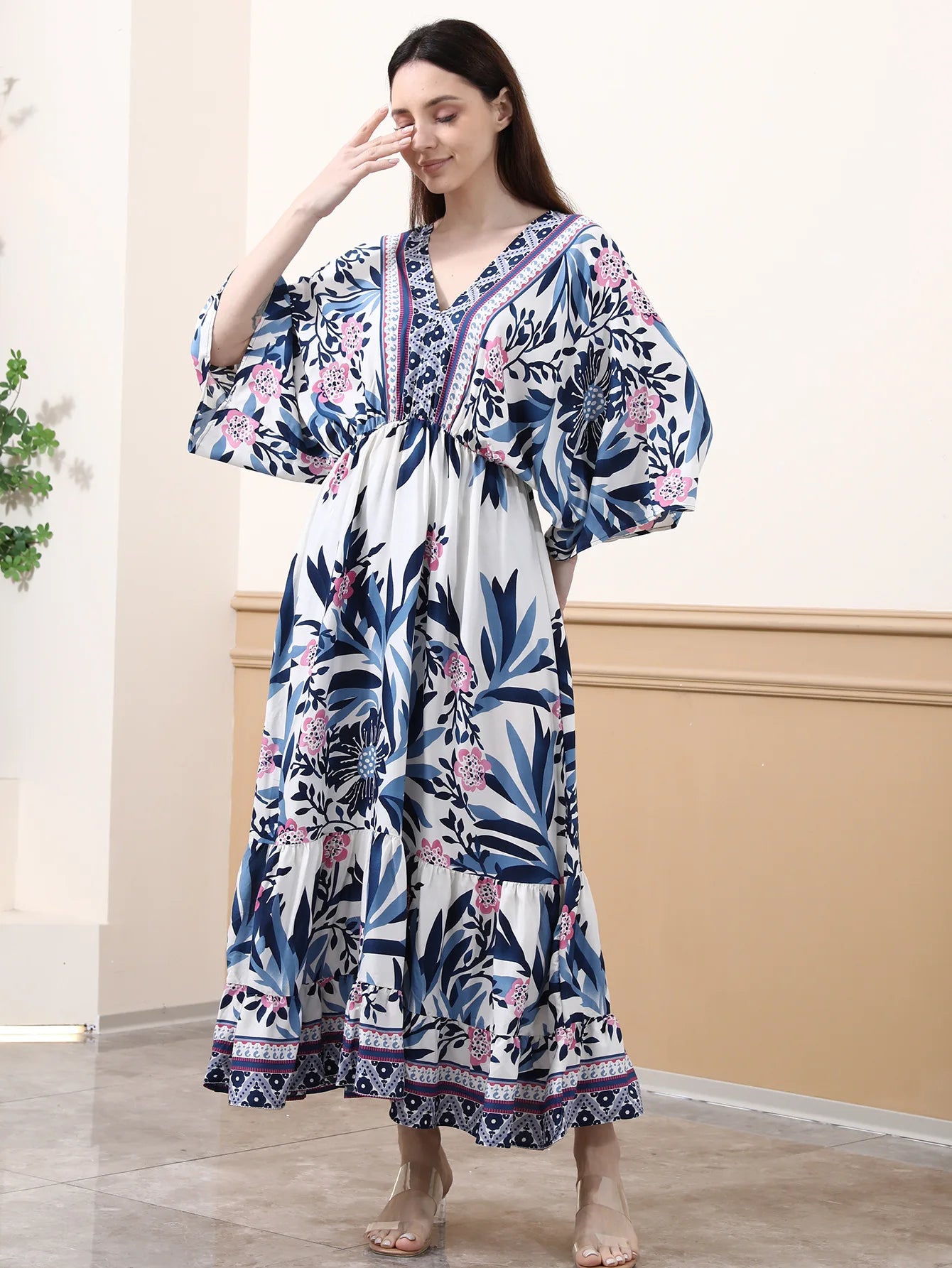 Deep V Neck Cotton Rayon Floral Printed Long Dress Summer Boho Beach Cover up Casual Loose Elastic Waist Maxi Dresses Women Robe