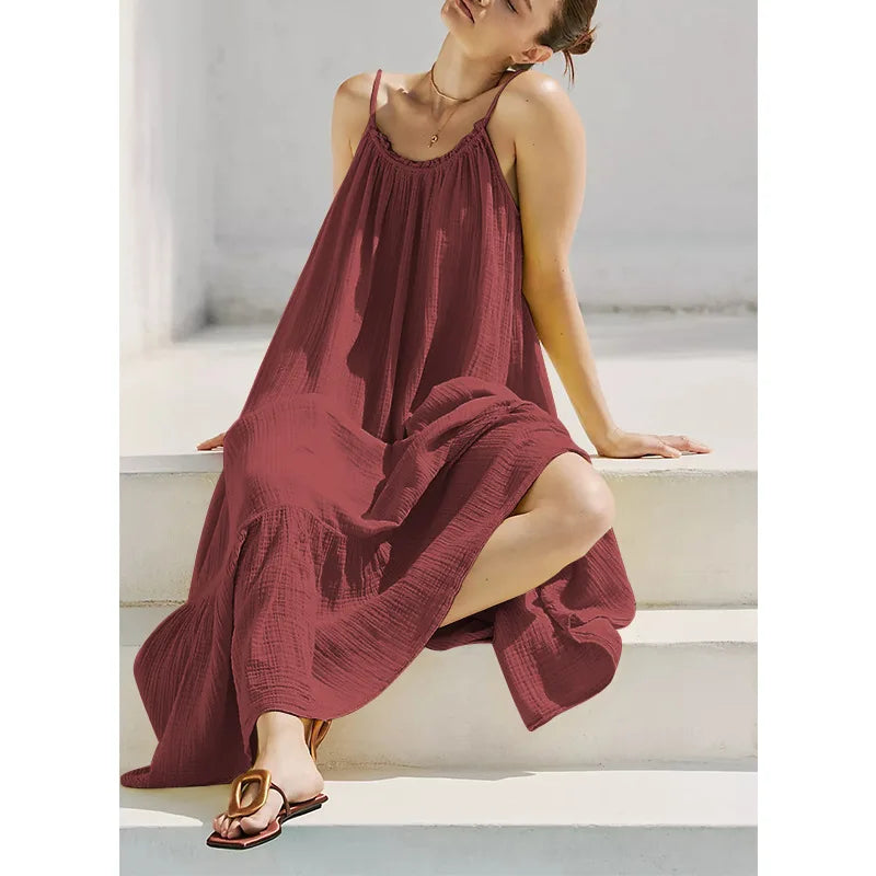 100% Cotton Bohemian Long Dress for Women Robe Casual Loose Sexy Backless Sleeveless Summer Boho Beach Wear Relaxed Vestidos